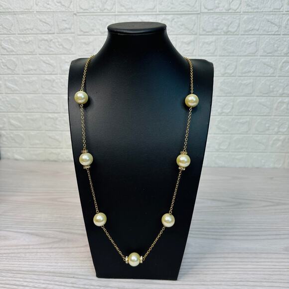 J.Crew Fashion Necklace Gold Tone White Faux Pearl Rhinestone Spring Ring Clasp - Picture 1 of 3